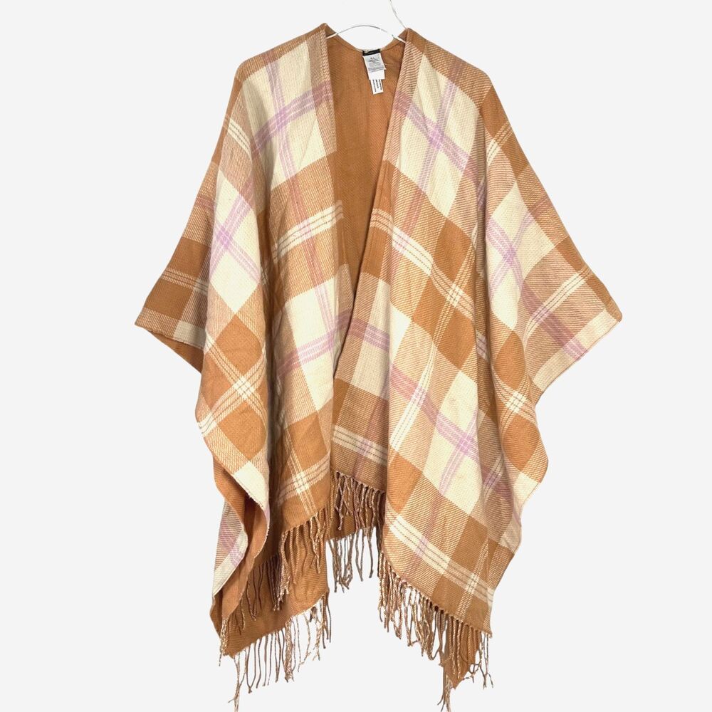 J.Crew Reversible Blanket Poncho Cape Womens M/L Cream Orange Wool Blend Plaid